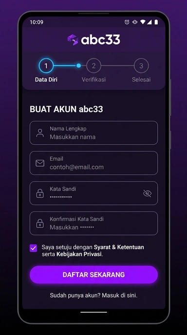 Tampilan halaman daftar abc33